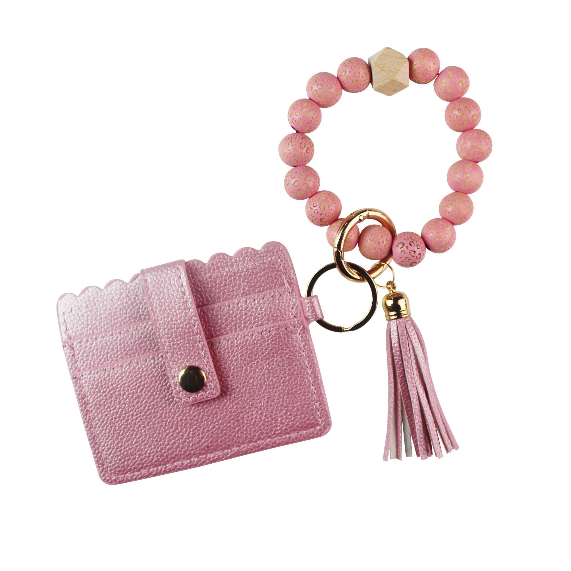 Wholesale Leopard Pattern Wood Bead Card Bag Tassel Wrist Keychain